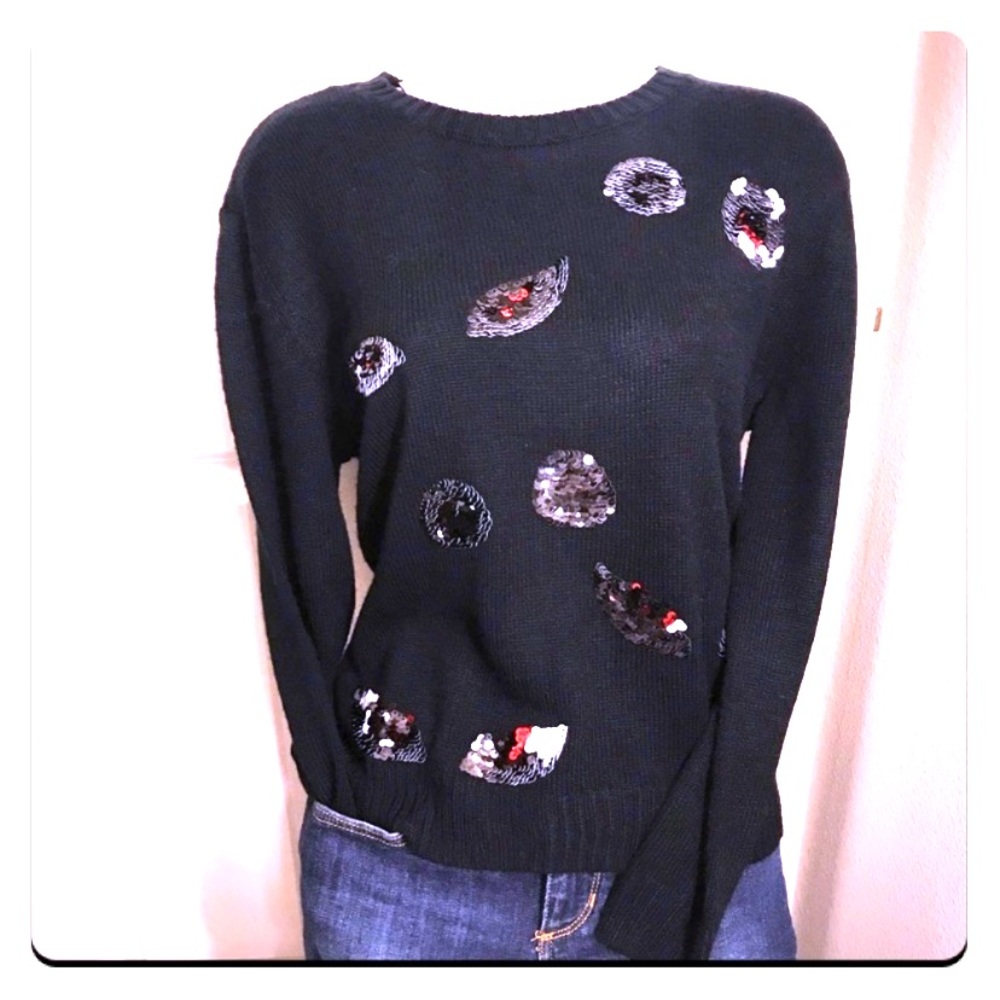 H&M Divided Flip Sequin Eyes Fuzzy Sweater Black Red Silver XS Cozy Winter Comfy - Picture 8 of 8
